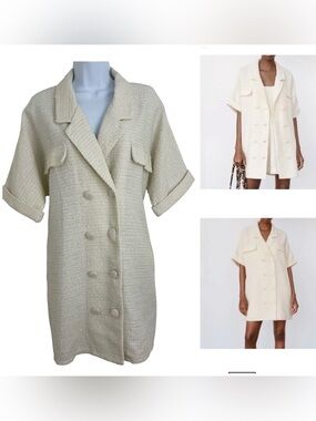 ZARA Textured Tweed Blazer Dress Women's Sz M Preppy Mini Dress Cream White